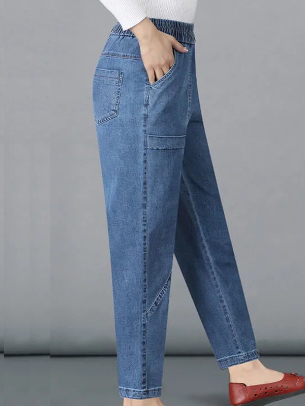 Ema pahkluuni ulatuvad haaremiteksad Korea uued suure taskuga sirged Vaqueros kottis kõrge vöökohaga teksapüksid naiste vabaaja kott Pantalones