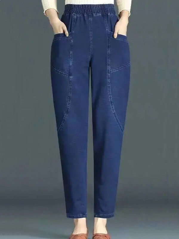 Ema pahkluuni ulatuvad haaremiteksad Korea uued suure taskuga sirged Vaqueros kottis kõrge vöökohaga teksapüksid naiste vabaaja kott Pantalones