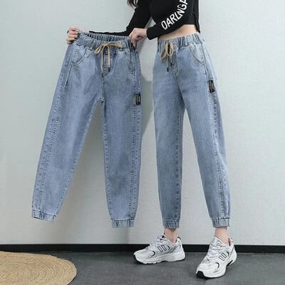 Blugi harem la modă de damă, cu talie largi, cu elastic în talie și glezne, pantaloni cargo cu talie înaltă pentru femei - Imbracaminte de stradă din denim albastru