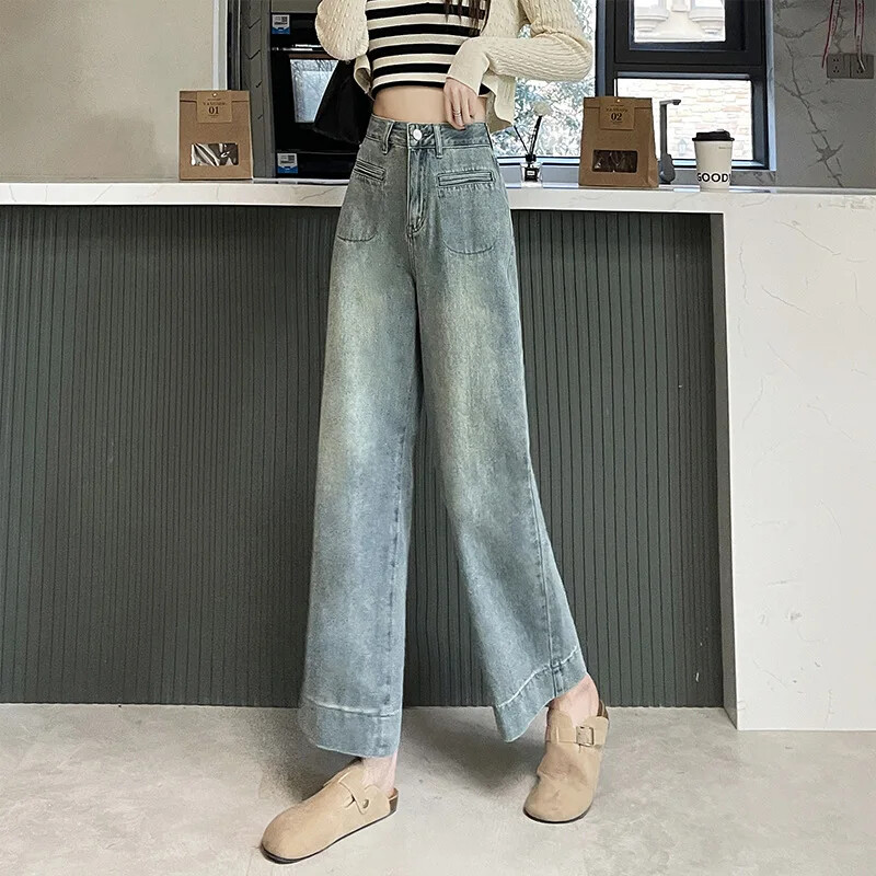 Lagane traperice širokih nogavica Ženske ljetne Vintage Petite novodošle hlače ravnih nogavica s visokim strukom, 3/4 dužine