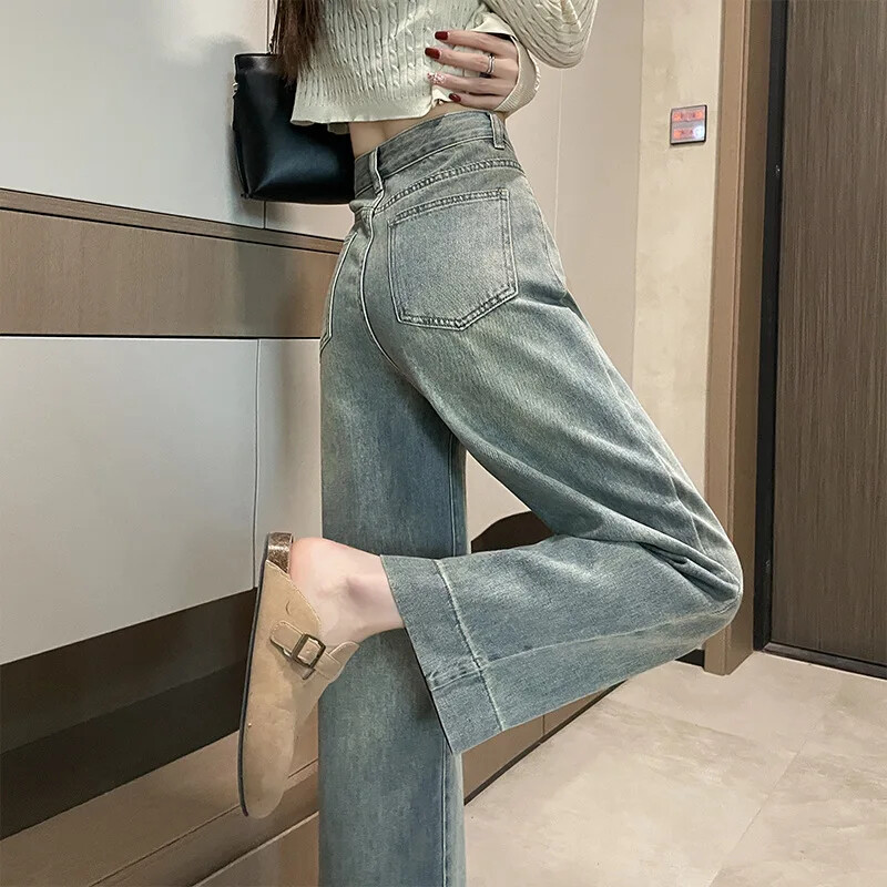 Lagane traperice širokih nogavica Ženske ljetne Vintage Petite novodošle hlače ravnih nogavica s visokim strukom, 3/4 dužine