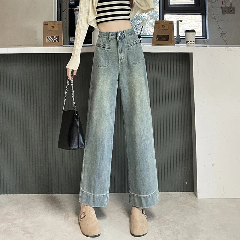 Lagane traperice širokih nogavica Ženske ljetne Vintage Petite novodošle hlače ravnih nogavica s visokim strukom, 3/4 dužine