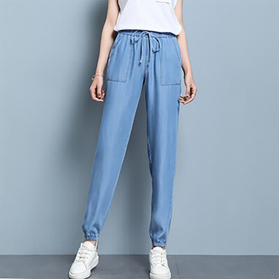 2024. aasta mood Kõrge vöökohaga õhukesed teksapüksid haaremipüksid naiste suvised elastse vöökohaga teksad, vabad vabaaja naiste üheksa punktiga püksid