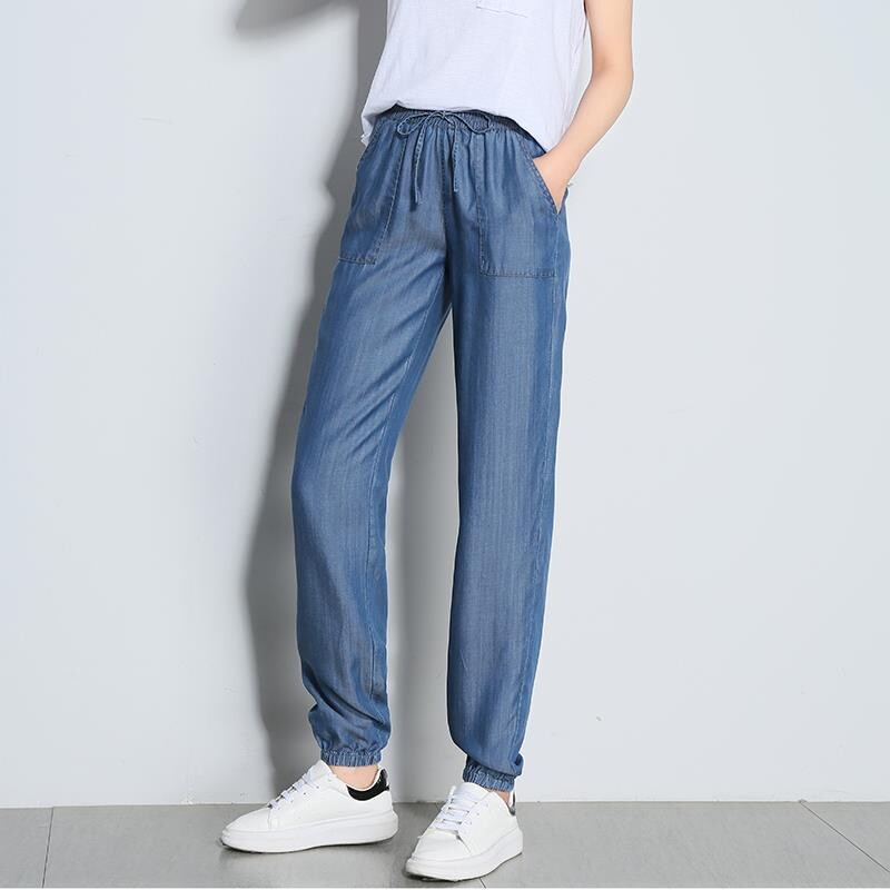 2024. aasta mood Kõrge vöökohaga õhukesed teksapüksid haaremipüksid naiste suvised elastse vöökohaga teksad, vabad vabaaja naiste üheksa punktiga püksid