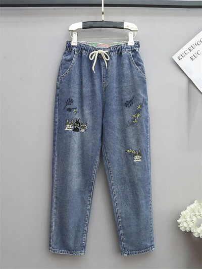 Moda femeilor stil coreean broderie pisică din desene animate largi talie elastică talie înaltă denim pantaloni tăiați blugi harem pentru femei V505