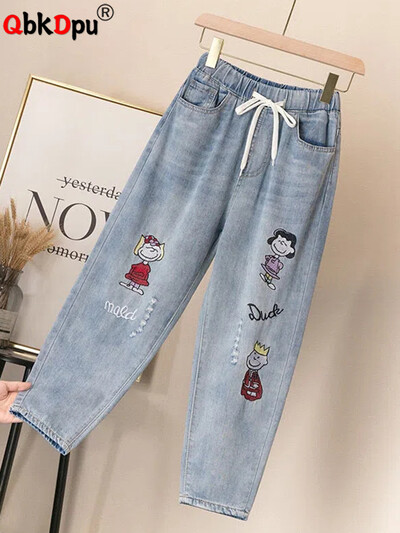 Blugi harem brodați cu desene animate Pantaloni largi, până la glezne, din denim, cu șireturi, Spodnie, rupte drepte, blugi cu talie înaltă, mărime mare