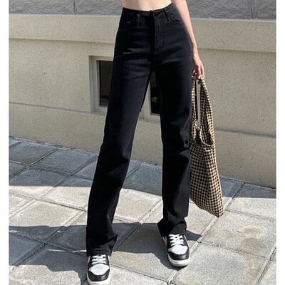 Femei Coreeană cu talie înaltă Streetwear Blugi cu picioare drepte Fete Y2k Haine Pantaloni Moda feminină Pantaloni largi Harajuku denim negri