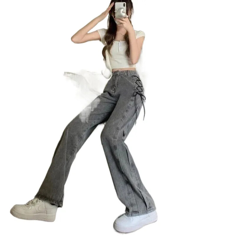 Dizajn niche traperica na vezanje za žene 2024. proljeće i ljeto labave ravne traperice visokog struka trendi hlače širokih nogavica