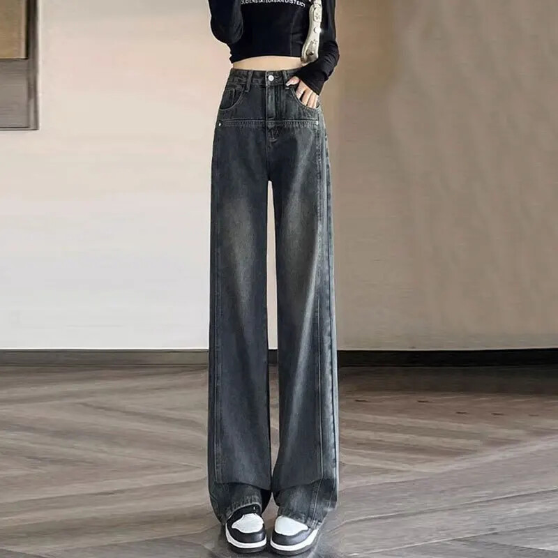 Vintage ψηλόμεσο φαρδύ τζιν Γυναικείο καλοκαιρινό αμερικανικό στυλ Νέο χαλαρό μικρό στενό ίσιο παντελόνι