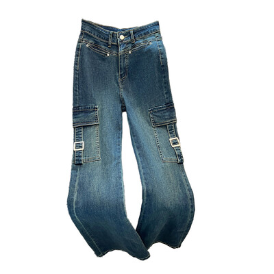 Ulične zgodne radne odjeće za žene traperice s džepovima visokog struka, uske, rastezljive, napredne retro dizajnske potkove, široke duge hlače