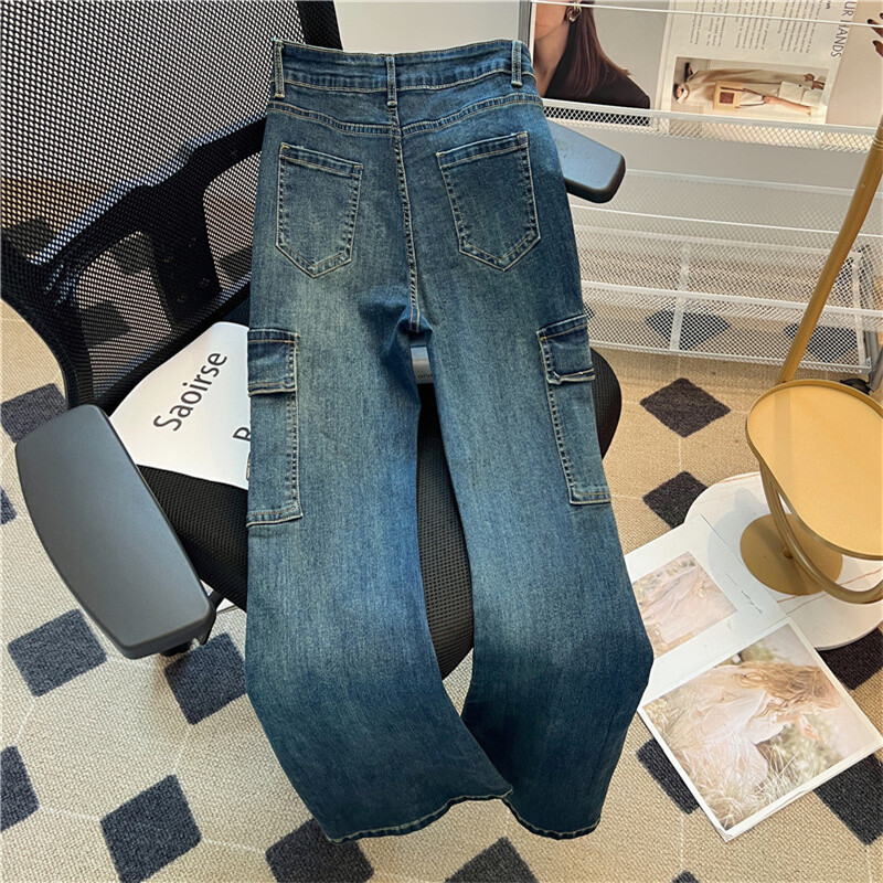 Ulične zgodne radne odjeće za žene traperice s džepovima visokog struka, uske, rastezljive, napredne retro dizajnske potkove, široke duge hlače