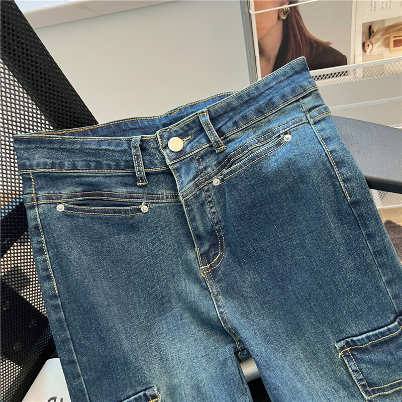 Ulične zgodne radne odjeće za žene traperice s džepovima visokog struka, uske, rastezljive, napredne retro dizajnske potkove, široke duge hlače