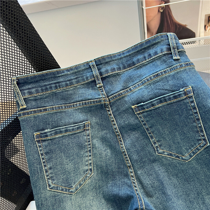 Ulične zgodne radne odjeće za žene traperice s džepovima visokog struka, uske, rastezljive, napredne retro dizajnske potkove, široke duge hlače