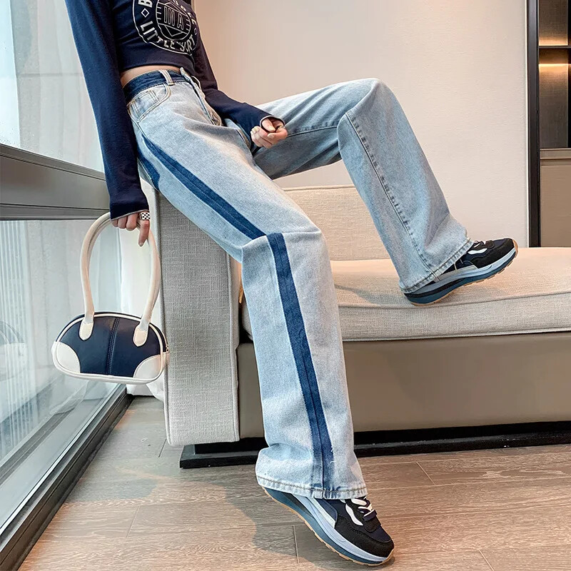 Kõrge vöökohaga laia säärega teksad naiste sügis/talv uus stiil, värvi blokeerimine, lahtise istuvuse tundlikkus sirge säärega püksid