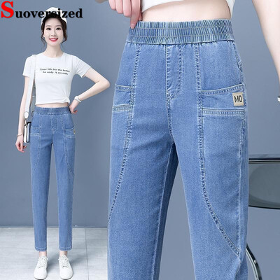 Blugi harem cu talie înaltă elastică până la gleznă, ocazional, moda coreeană Strecth Cowboy Vintage Vaqueros Streetwear Pantaloni denim pentru femei