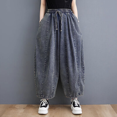 Blugi din bumbac literari vintage pentru femei, pantaloni largi, curea elastică în talie, pantaloni ridiche, pantaloni lungi, stradă prăjită, vară, nou