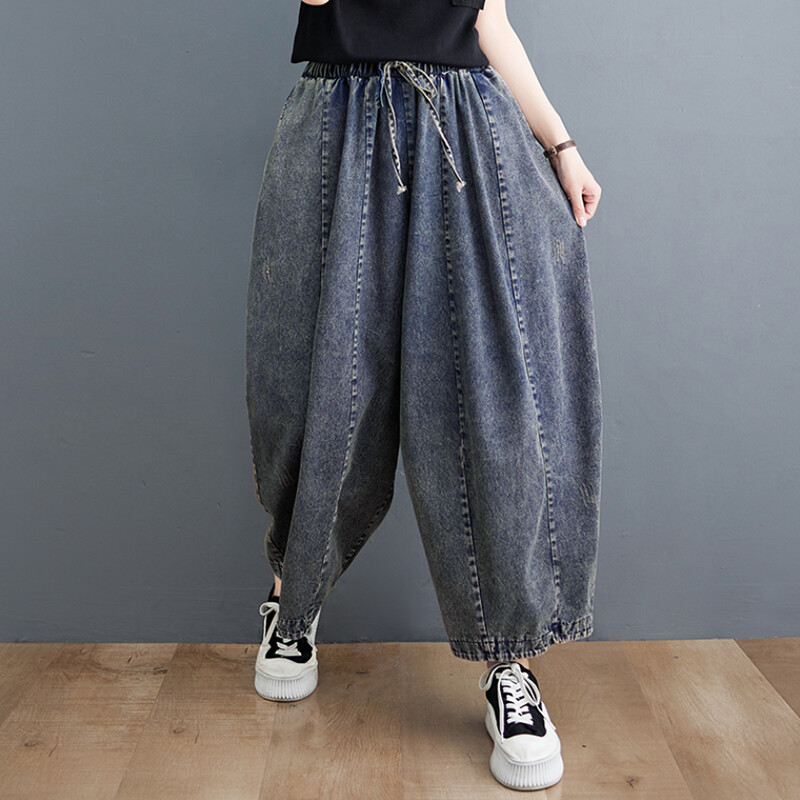 Ženske literarne vintage pamučne traperice, široke hlače, elastična traka oko struka, hlače Radish, duge hlače, Fried Street, ljeto, novo