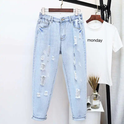4XL 5XL Blugi Plus Size Femei Pantaloni denim cu talie înaltă Blugi rupti cu găuri libere pentru femei spălate vară toamnă Jean Femme C7419