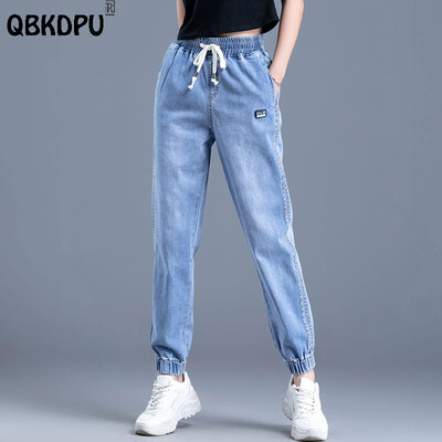 Pantaloni de jogger cu șnur casual, cu șnur, elastic pentru femei, cu talie înaltă, iubit, Harem Vaqueros, Lungime la gleznă, îmbrăcăminte de stradă, pantaloni denim supradimensionați 34