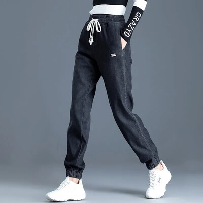 Ležerne traperice s uzicom za džogiranje Ženske elastične Boyfriend hlače s visokim strukom Harem Vaqueros do gležnja Ulična odjeća Oversize 34 traper hlače