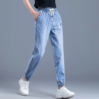 Ležerne traperice s uzicom za džogiranje Ženske elastične Boyfriend hlače s visokim strukom Harem Vaqueros do gležnja Ulična odjeća Oversize 34 traper hlače