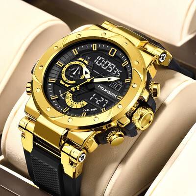 Ανδρικό ρολόι αδιάβροχο στρατιωτικό ρολόι χειρός, μάρκας Foxbox, με αναλογικό ψηφιακό ψηφιακό ηλεκτρονικό LED με διπλή οθόνη