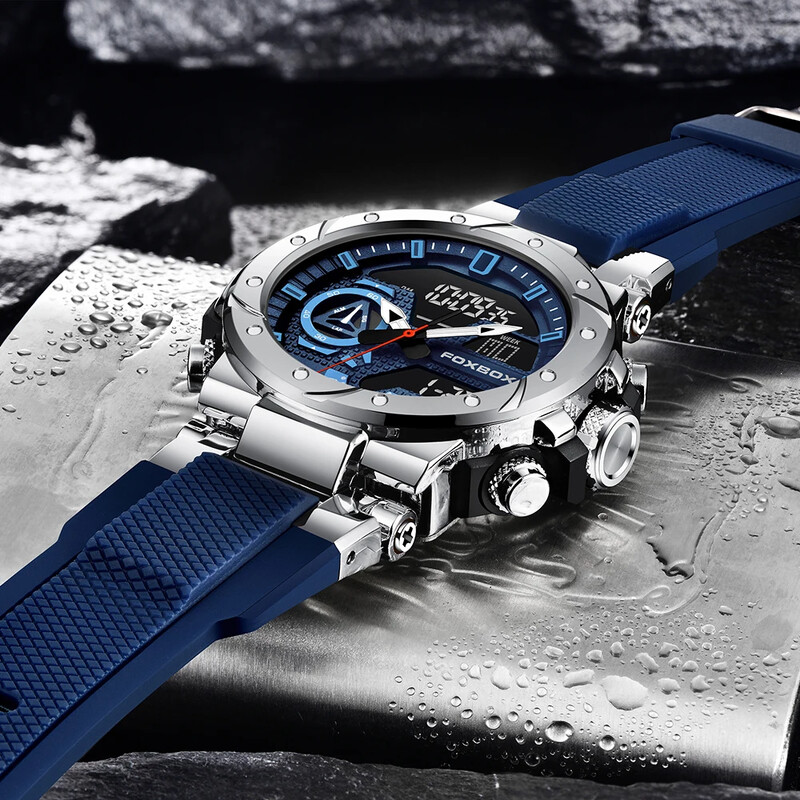 Ανδρικό ρολόι αδιάβροχο στρατιωτικό ρολόι χειρός, μάρκας Foxbox, με αναλογικό ψηφιακό ψηφιακό ηλεκτρονικό LED με διπλή οθόνη