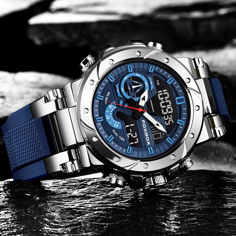 Ανδρικό ρολόι αδιάβροχο στρατιωτικό ρολόι χειρός, μάρκας Foxbox, με αναλογικό ψηφιακό ψηφιακό ηλεκτρονικό LED με διπλή οθόνη