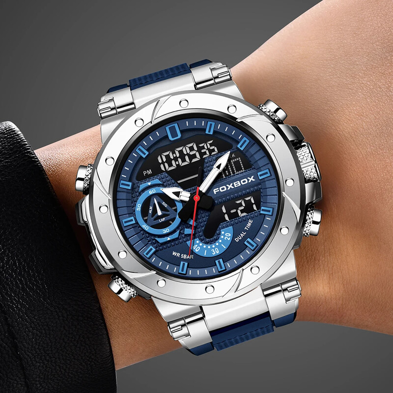 Ανδρικό ρολόι αδιάβροχο στρατιωτικό ρολόι χειρός, μάρκας Foxbox, με αναλογικό ψηφιακό ψηφιακό ηλεκτρονικό LED με διπλή οθόνη