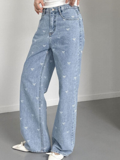 Pantaloni de blugi albastru deschis pentru femei, cu fundă largi coreeană, decorati cu talie înaltă, cu picior drept, pantaloni lungi, casual, cu imprimeu, cu nasturi