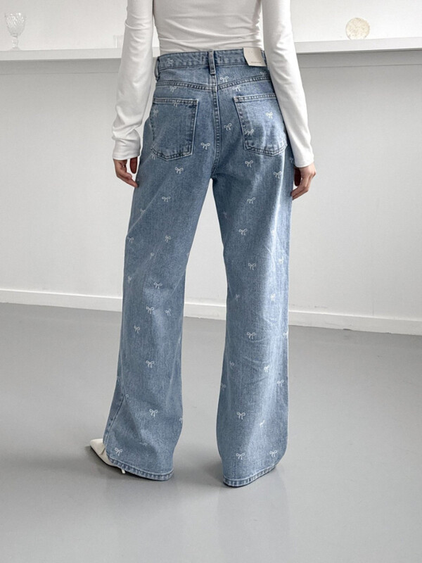 Ženske svijetloplave traperice Hlače s korejskim vrećastim mašnama i dugim ravnim nogavicama visokog struka Ženske ležerne hlače s otisnutim gumbima