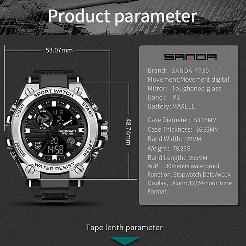 SANDA Κορυφαία μάρκα G-Style Military ρολόι Ανδρικά LED Ψηφιακά αθλητικά ρολόγια για άνδρες αδιάβροχο ηλεκτρονικό ανδρικό ρολόι χειρός 739 Relogios