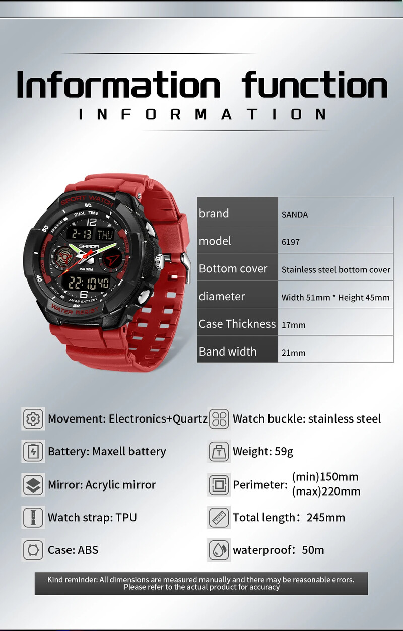 SANDA Top 6197 Корейски студентски електронен часовник Спортен многофункционален будилник Водоустойчиви мъжки часовници 2024