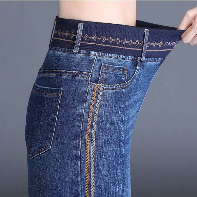 Ženske elastične traperice visokog struka, jednobojne, svijetle linije, elastične traperice 2023., korejske modne hlače ravnih nogavica, proljeće i jesen