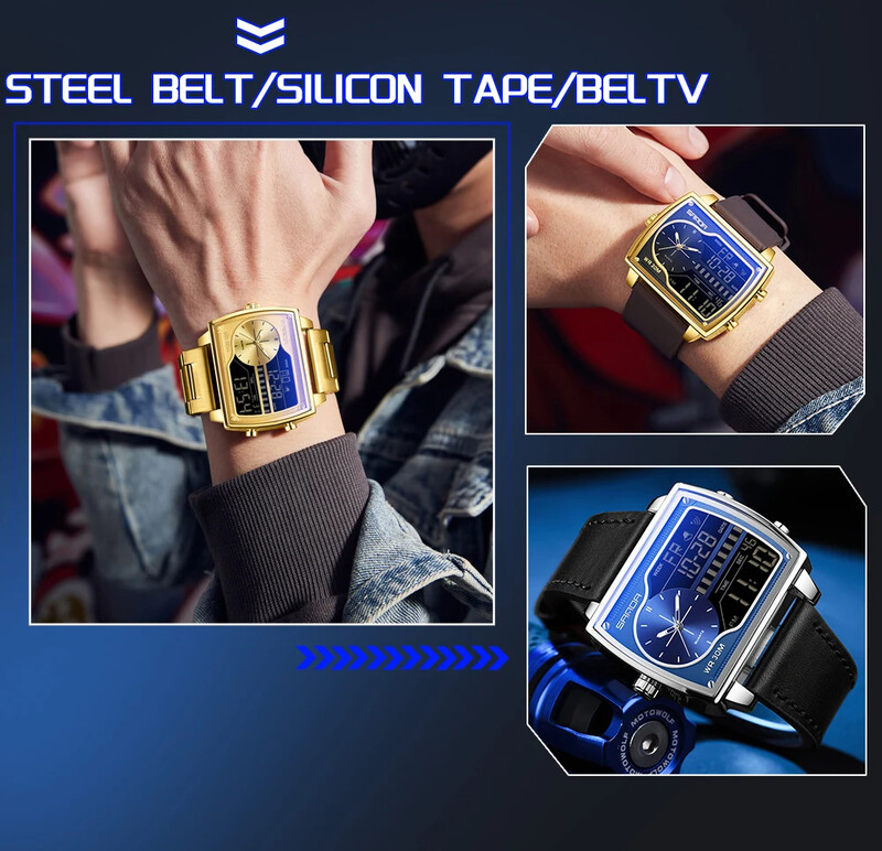 SANDA 6163 muški kvarcni elektronički četvrtasti sat s dvostrukim zaslonom vodootporni muški sat s odbrojavanjem od kvarcnog čelika/kože/gumene trake