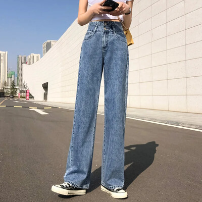 Kerged kahe nööbiga sirge säärega teksad naistele Kõrge vöökohaga salendavad vabaaja niši pikad püksid laia säärega