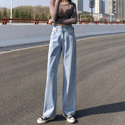 Kerged kahe nööbiga sirge säärega teksad naistele Kõrge vöökohaga salendavad vabaaja niši pikad püksid laia säärega