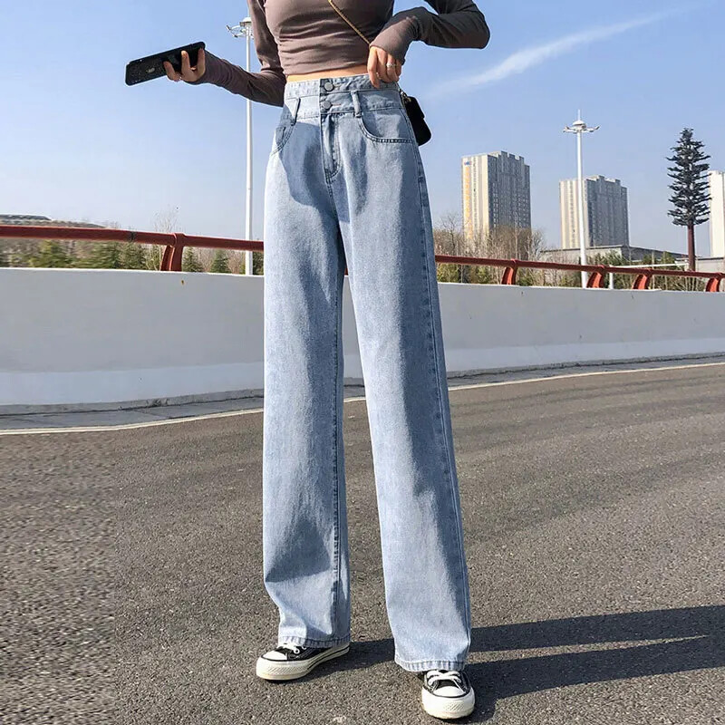 Kerged kahe nööbiga sirge säärega teksad naistele Kõrge vöökohaga salendavad vabaaja niši pikad püksid laia säärega