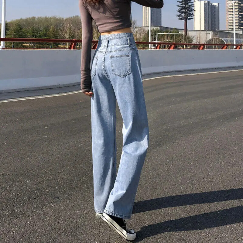 Kerged kahe nööbiga sirge säärega teksad naistele Kõrge vöökohaga salendavad vabaaja niši pikad püksid laia säärega