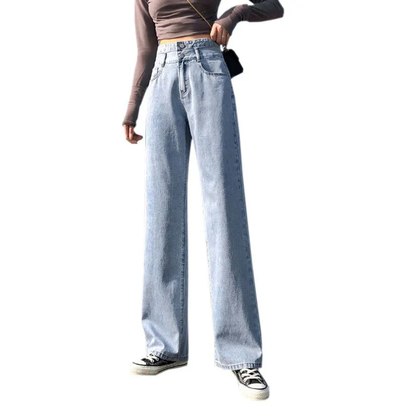 Kerged kahe nööbiga sirge säärega teksad naistele Kõrge vöökohaga salendavad vabaaja niši pikad püksid laia säärega