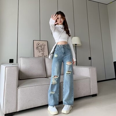 Nove traperice proljeće ljeto 2024. Ženske poderane široke široke plave traper hlače visokog struka pune dužine za žene Ulične hlače