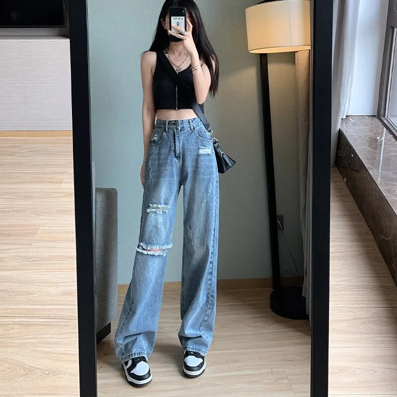 Petite traperice visokog struka za mršavljenje Ženske široke ljetne vintage hlače širokih nogavica Ležerne hlače s poderanim stilom