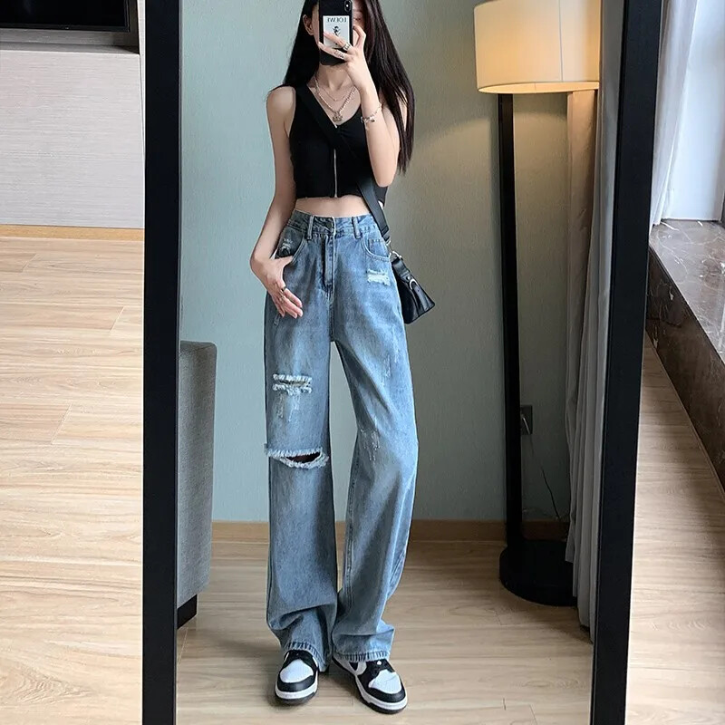 Petite traperice visokog struka za mršavljenje Ženske široke ljetne vintage hlače širokih nogavica Ležerne hlače s poderanim stilom