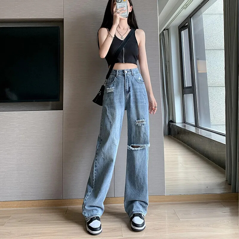 Petite traperice visokog struka za mršavljenje Ženske široke ljetne vintage hlače širokih nogavica Ležerne hlače s poderanim stilom