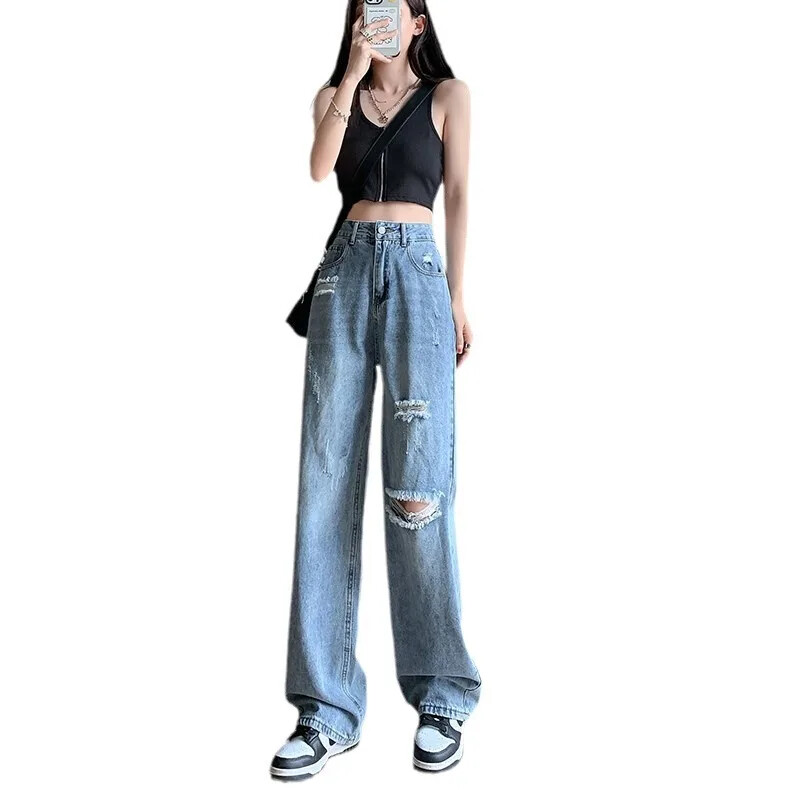 Petite traperice visokog struka za mršavljenje Ženske široke ljetne vintage hlače širokih nogavica Ležerne hlače s poderanim stilom