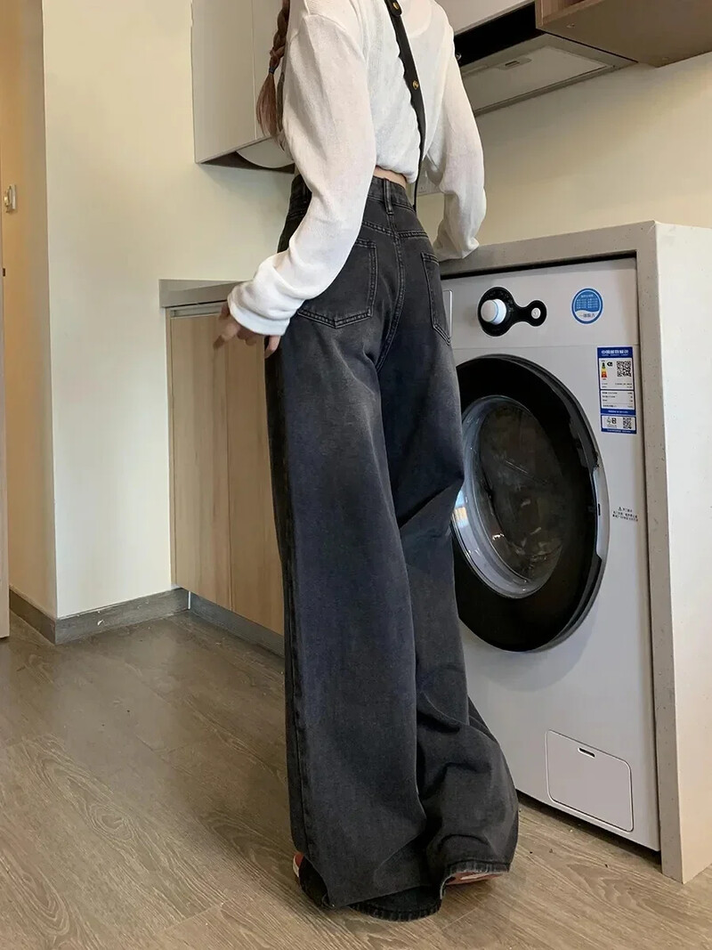 Mustad teksad Teksad naiste Korea stiilis püksid naiste naiste püksid laia säärega tänavarõivad naiste kottis teksad kõrge vöökohaga teksad