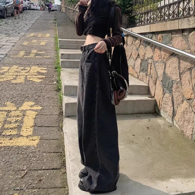Mustad teksad Teksad naiste Korea stiilis püksid naiste naiste püksid laia säärega tänavarõivad naiste kottis teksad kõrge vöökohaga teksad