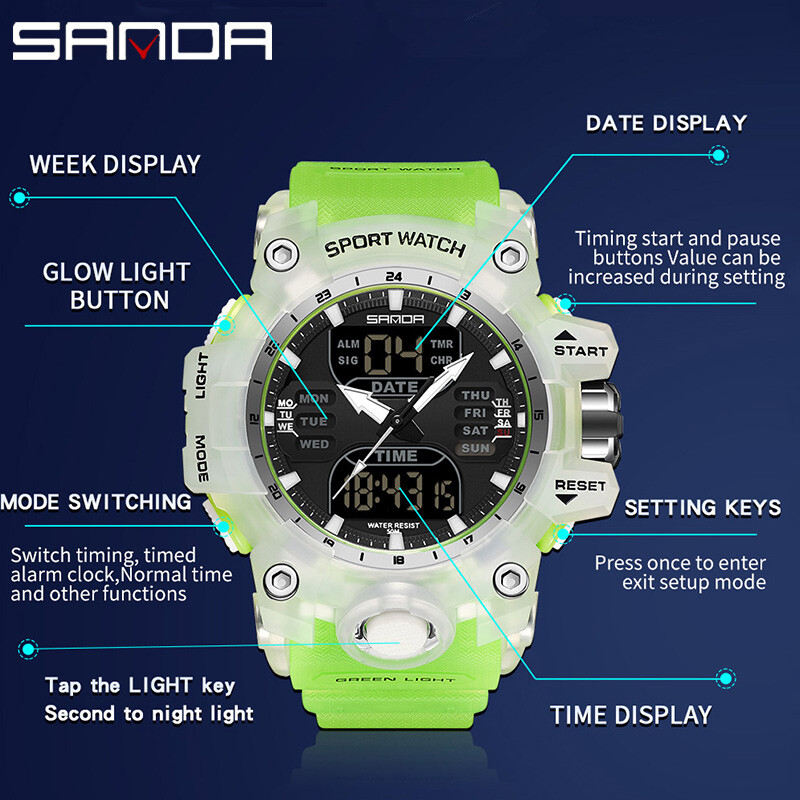 SANDA meeste käekellad veekindlad sõjaväespordikellad äratuskell Mood välistingimustes elektronkvartsist meeste käekell, kahe ekraaniga meeste kell