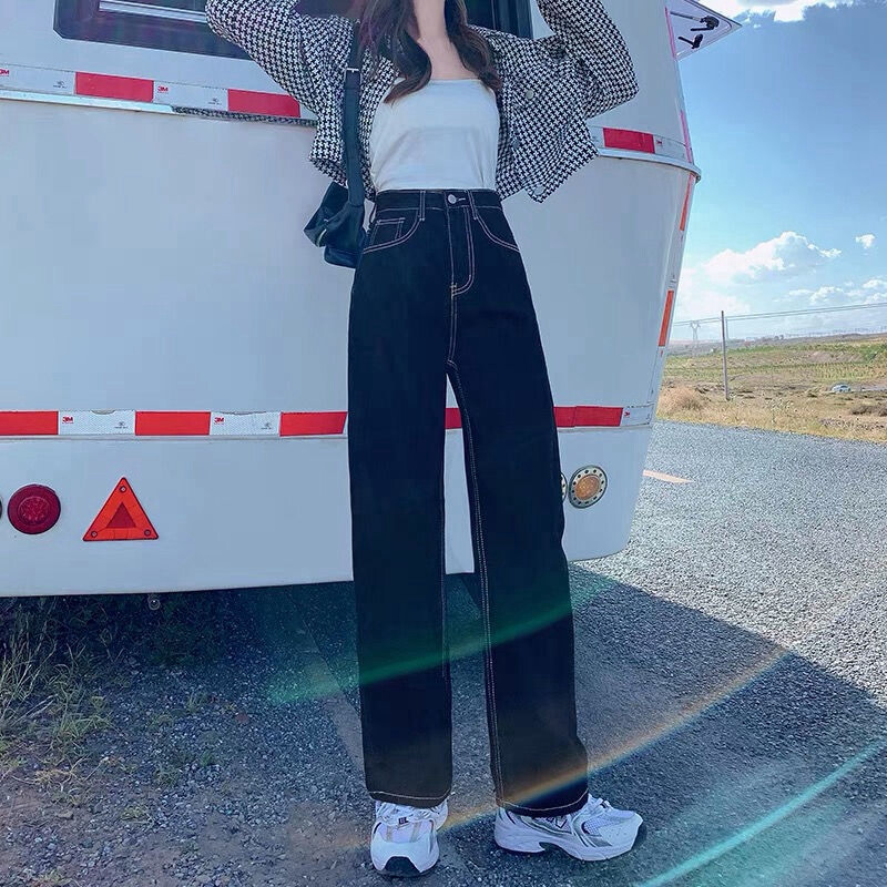 Mustad ja hallid laia säärega teksad naiste uued sügisesed lahtised kõrge vöökohaga sirge toru disainiga püksid sügis-talvised mõõnad