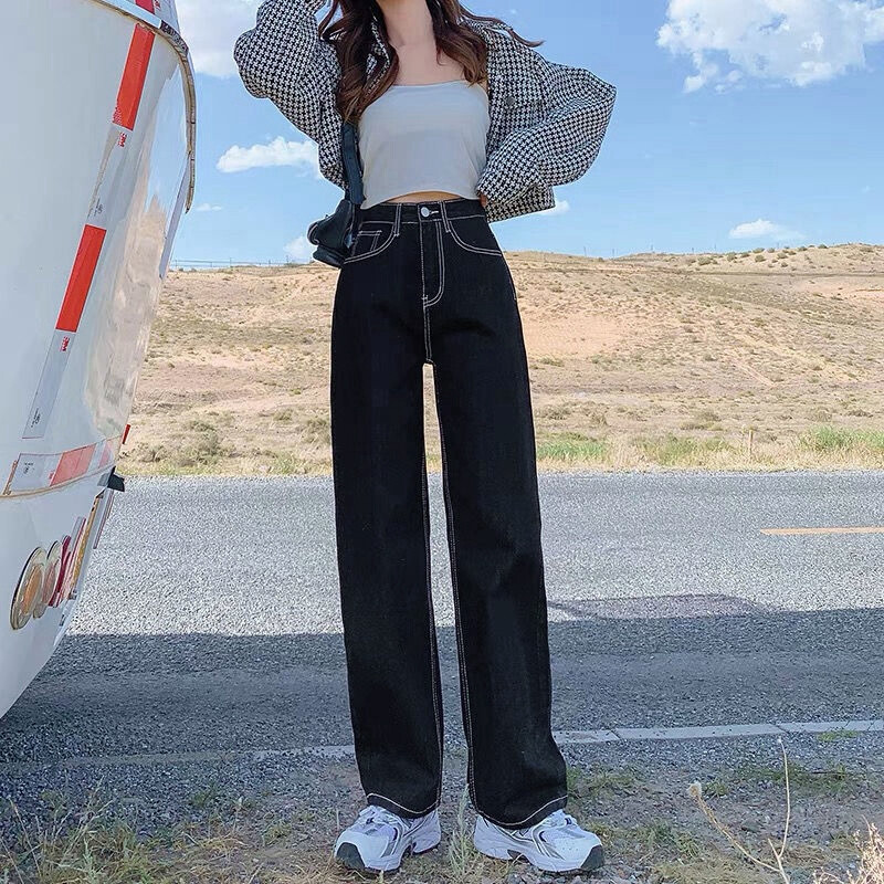 Mustad ja hallid laia säärega teksad naiste uued sügisesed lahtised kõrge vöökohaga sirge toru disainiga püksid sügis-talvised mõõnad